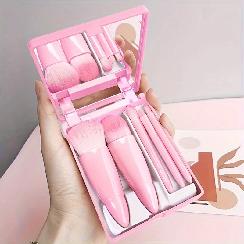 Conjunto de 5 Pincéis de Maquiagem Portáteis com Espelho