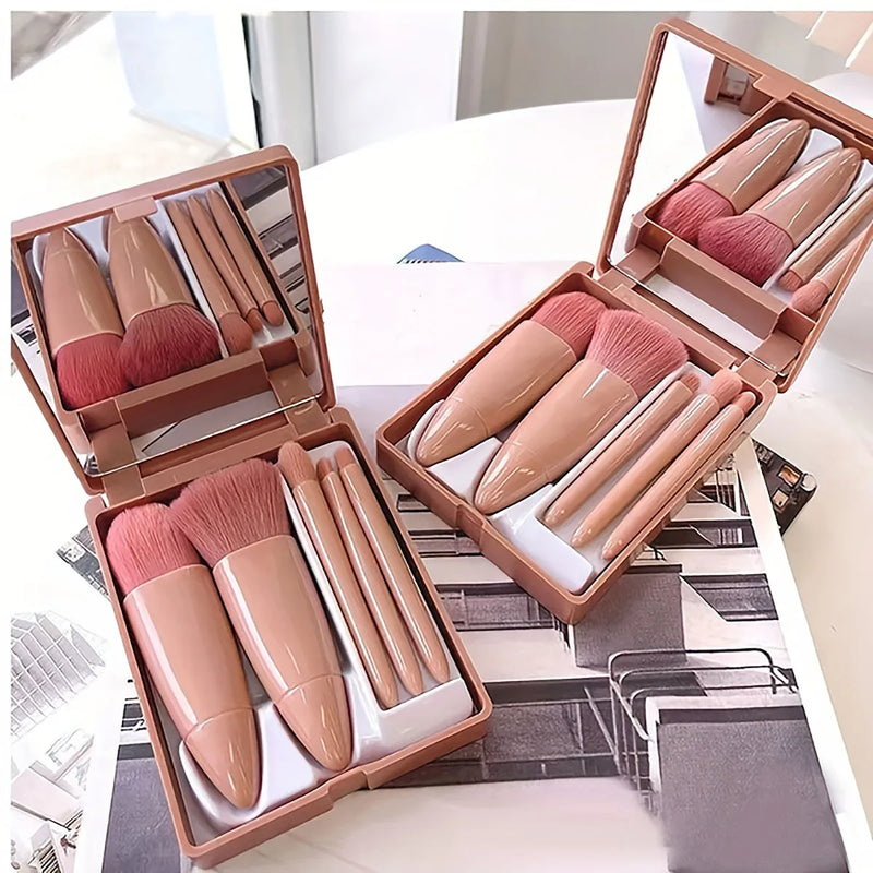 Conjunto de 5 Pincéis de Maquiagem Portáteis com Espelho