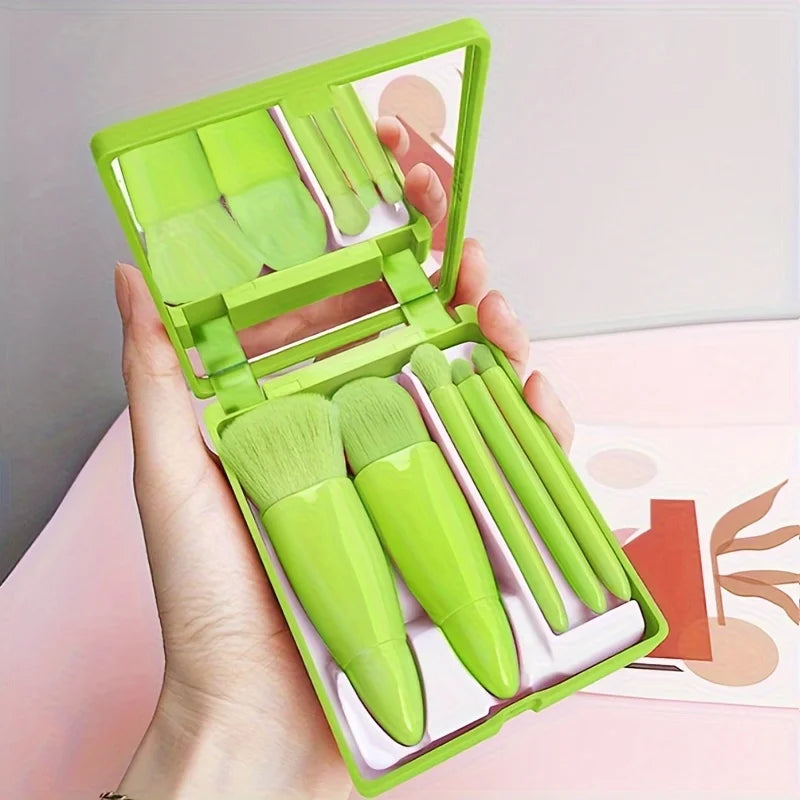 Conjunto de 5 Pincéis de Maquiagem Portáteis com Espelho
