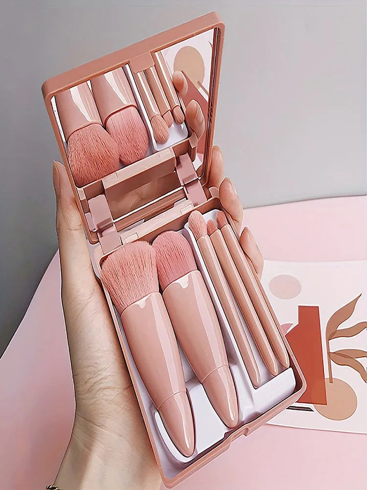 Conjunto de 5 Pincéis de Maquiagem Portáteis com Espelho